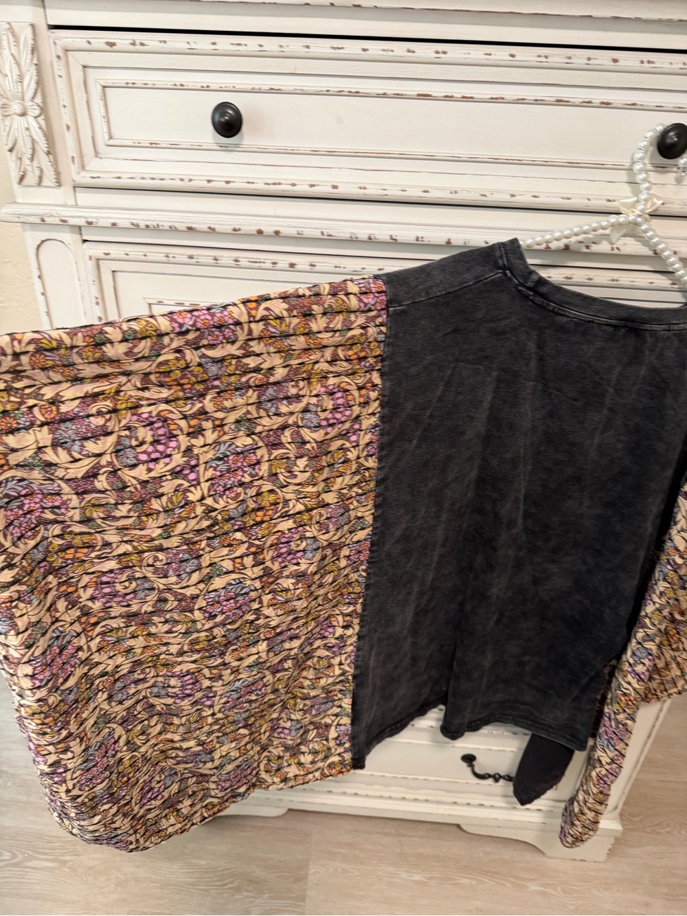 Boho Floral Mixed-Media Women's Top in Black and Multicolor - Picture 3 of 5